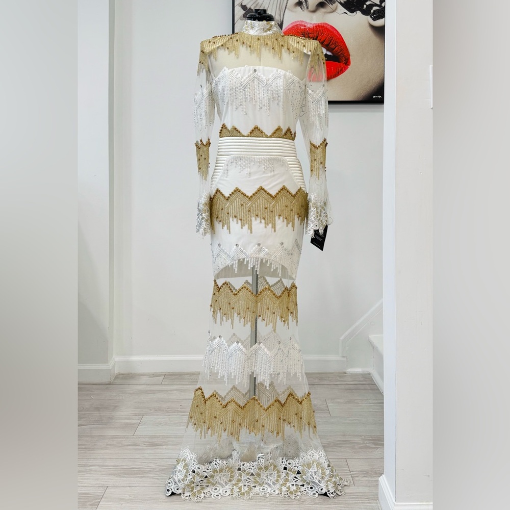 Zhivago Signature Chrysler Studded & Embroidered Gown - Moet White Maxi Dress - Picture 3 of 13